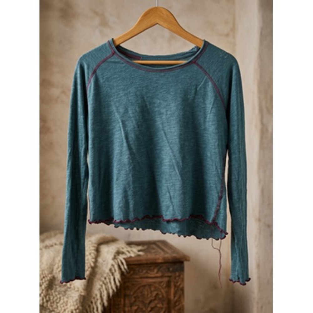 Natural Life Women M Boho Cotton Long Sleeve Top Teal Round Neck Blouse Shirt